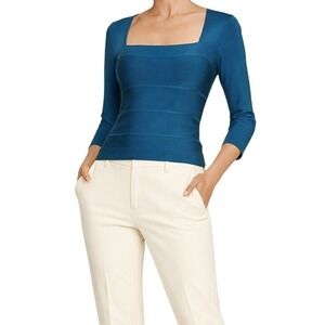 HERVE LEGER Paris Blue Bandage Knit Top Square Neck Fitted Bodycon S